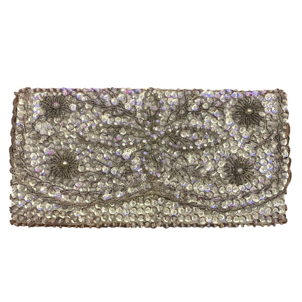 Vintage Micro Seed Bead Sequin Clutch Handbag Hand Made in Hong Kong 50's Prom